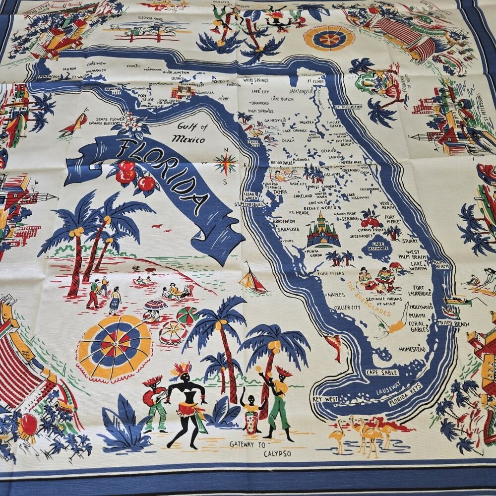 VIntage Tablecloth Map of Florida 1950s MCM Blue White Square 52x52